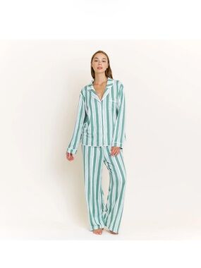 Honeydew Quiet Night Long PJ Set in Jade Mint Cream Stripe